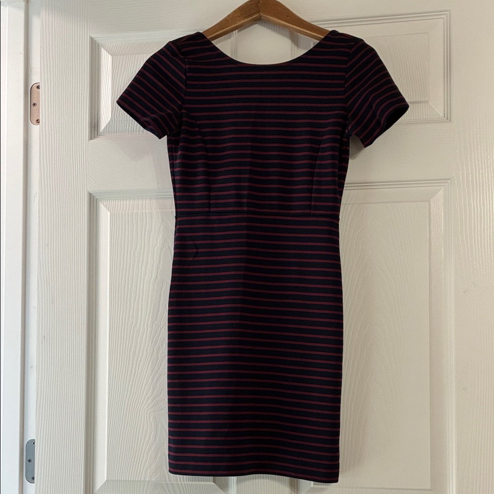 Banana Republic Black and Burgundy Striped Short-Sleeve Sheath Dress